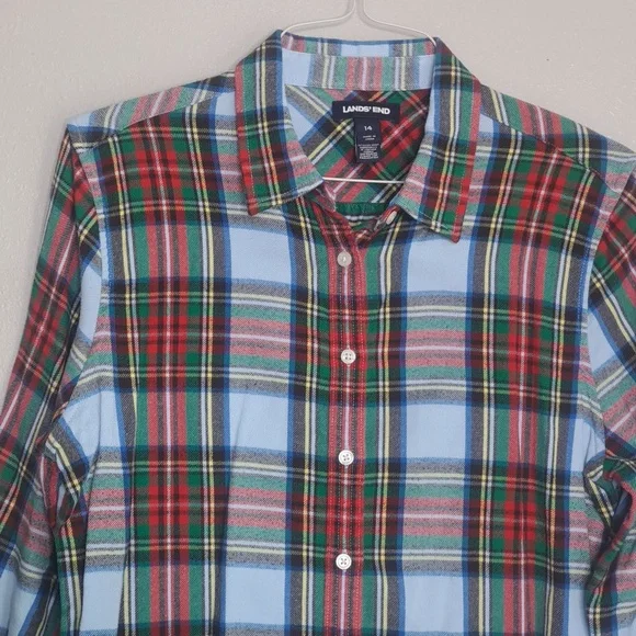 Land’s End Flannel Button-down Shirt Women's Sz 14 Large Plaid Long Slveeve - Picture 4 of 16